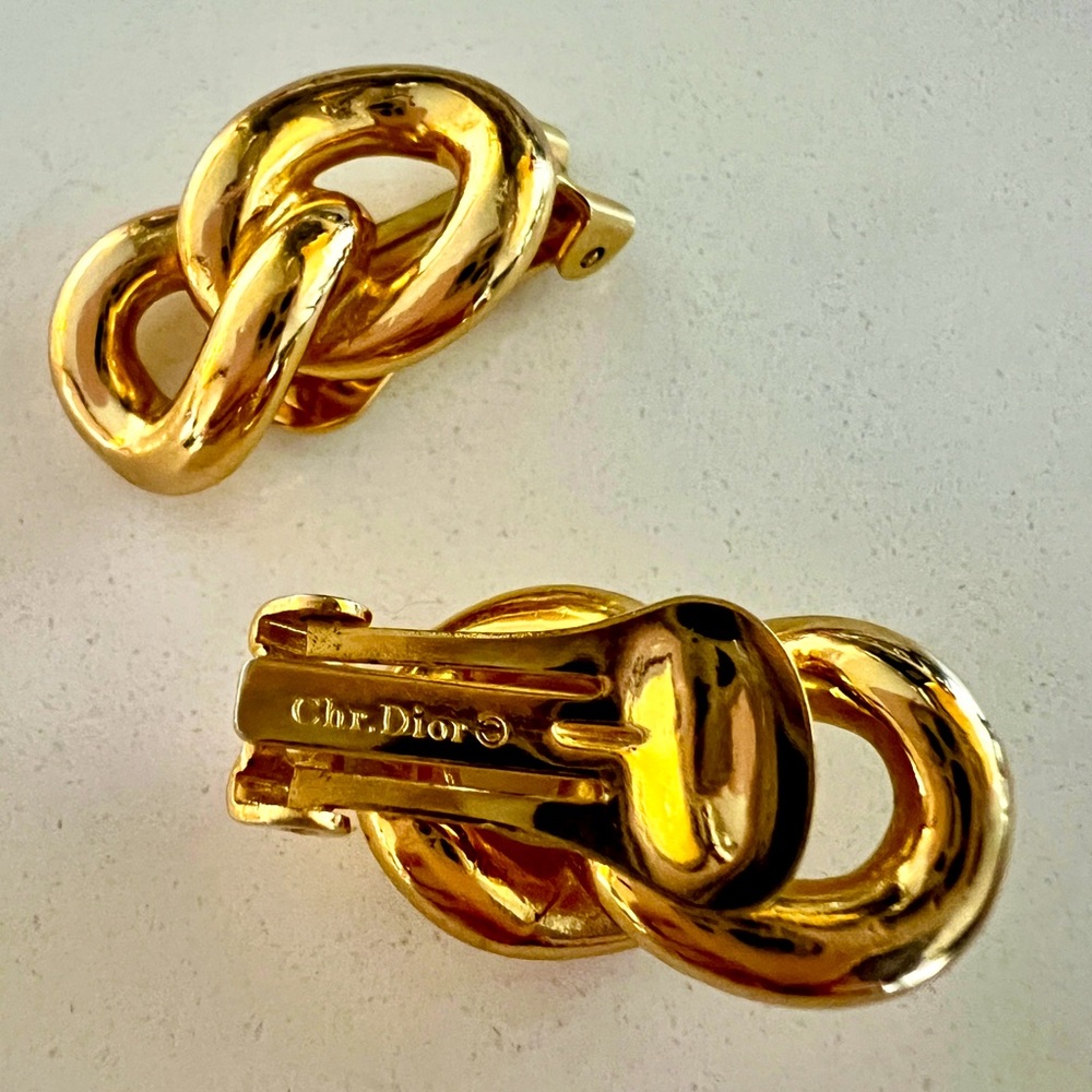 Christian Dior Chain Earrings, Vintage Gold Tone Chain Clip On Earrings, Signed